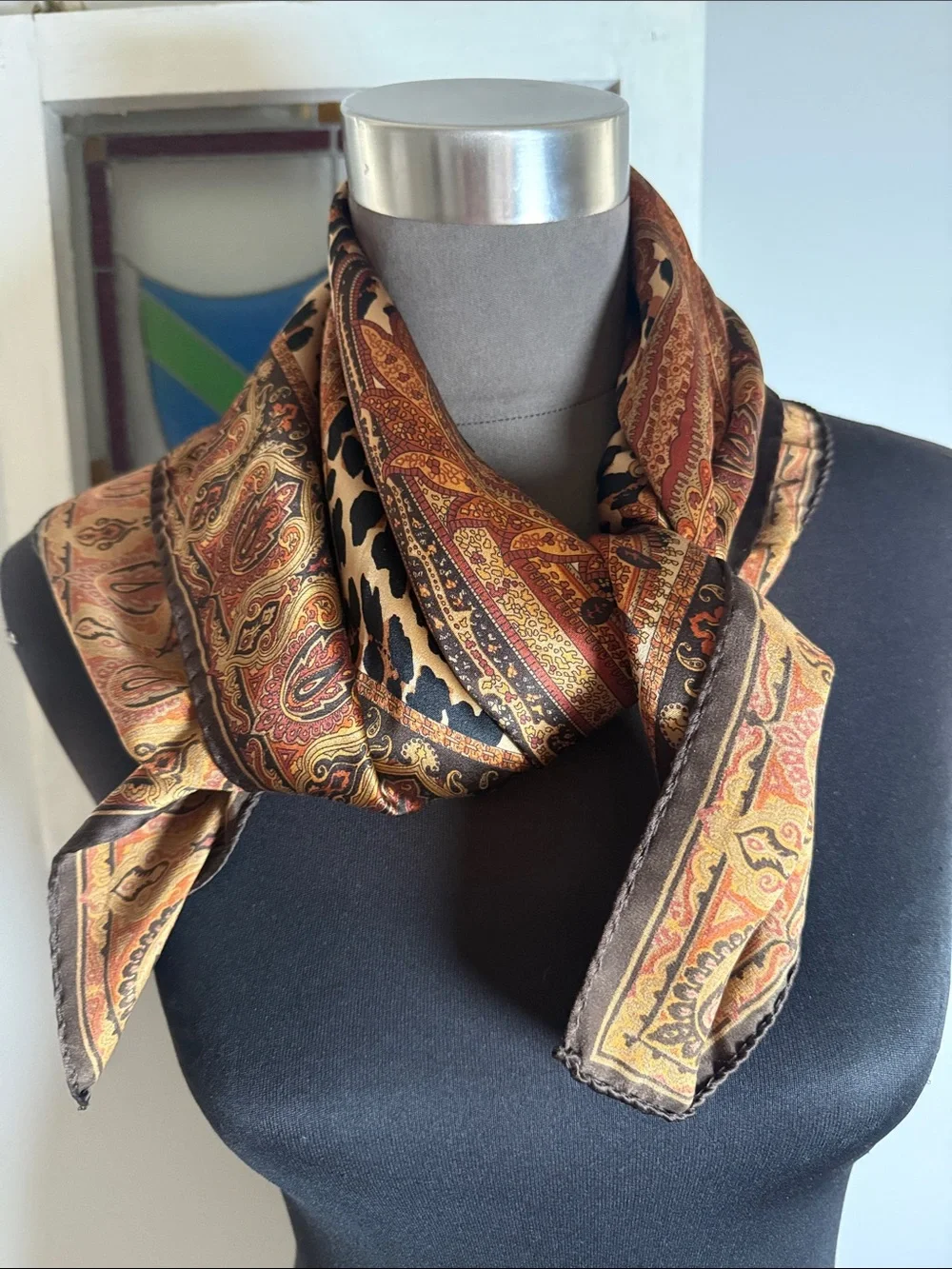 Vintage Silk Scarf Leopard & Paisley Print Square Scarf Brown Gold Accessory